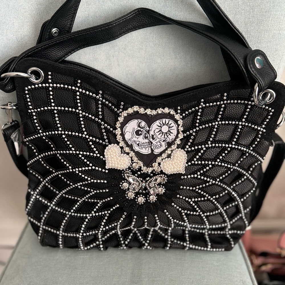 Black Skull Embellished Crossbody Handbag